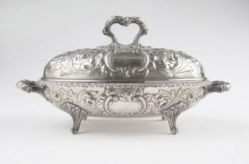 A George G. Sharp coin silver serving dish: Circa 1852-1866, Philadelphia, PA, with maker's mark for George Sharp (active 1850-1874), further marked for retailer ''Bailey & Co. / 136 / Chestnut St Phila'' and with two spurious left-facing lion