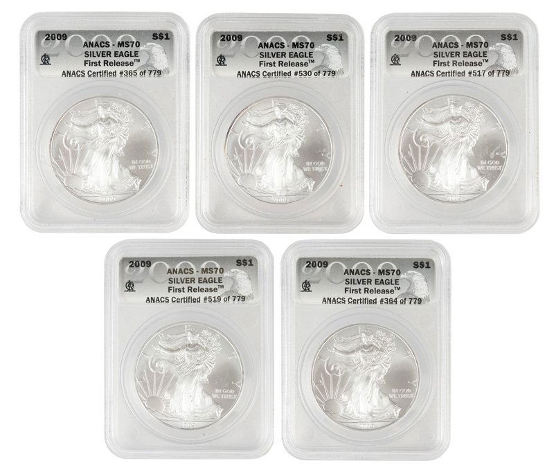 Five 2009 US Silver Eagle Dollar Coins (1 of 10)