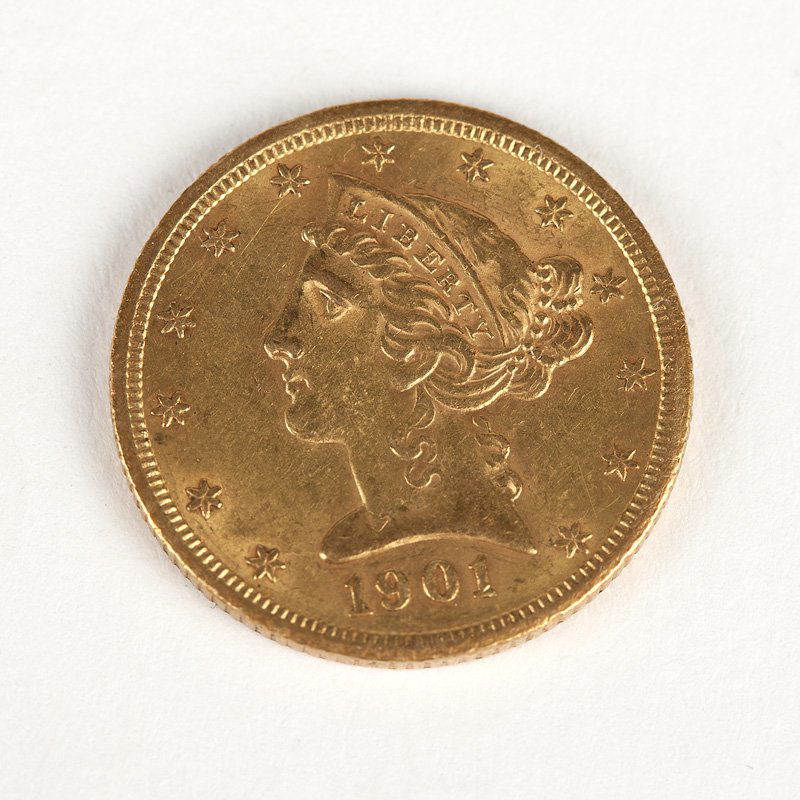 A 1901 $5 US Liberty Head Half Eagle Gold Coin (1 of 3)