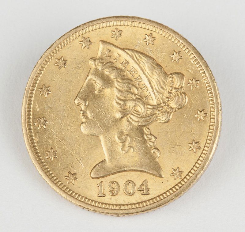 A 1904 $5 US Liberty Head Half Eagle Gold Coin (1 of 3)