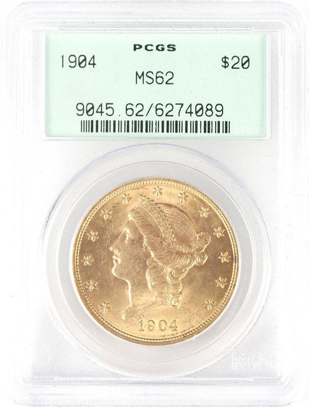 A 1904 $20 US Liberty Head Gold Coin: Graded MS62 PCGS, est: $1000/1500 Provenance: Estate, Beverly Hills, CA