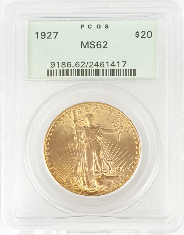 A 1927 $20 US St. Gaudens Gold Coin: Graded MS62 PCGS, est: $1000/1500 Provenance: Estate, Beverly Hills, CA