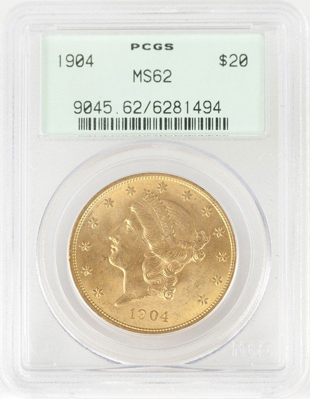 A 1904 $20 US Liberty Head Gold Coin: Graded MS62 PCGS, est: $1000/1500 Provenance: Estate, Beverly Hills, CA