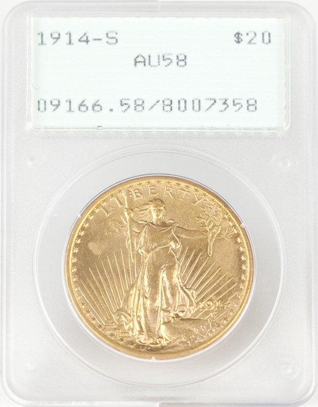 A 1914 S $20 US St. Gaudens Gold Coin: Graded AU58 PCGS, est: $1000/1500 Provenance: Estate, Beverly Hills, CA