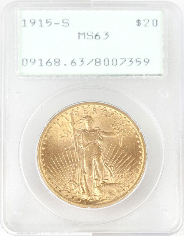A 1915 S $20 US St. Gaudens Gold Coin: Graded MS63 PCGS, est: $1000/1500 Provenance: Estate, Beverly Hills, CA