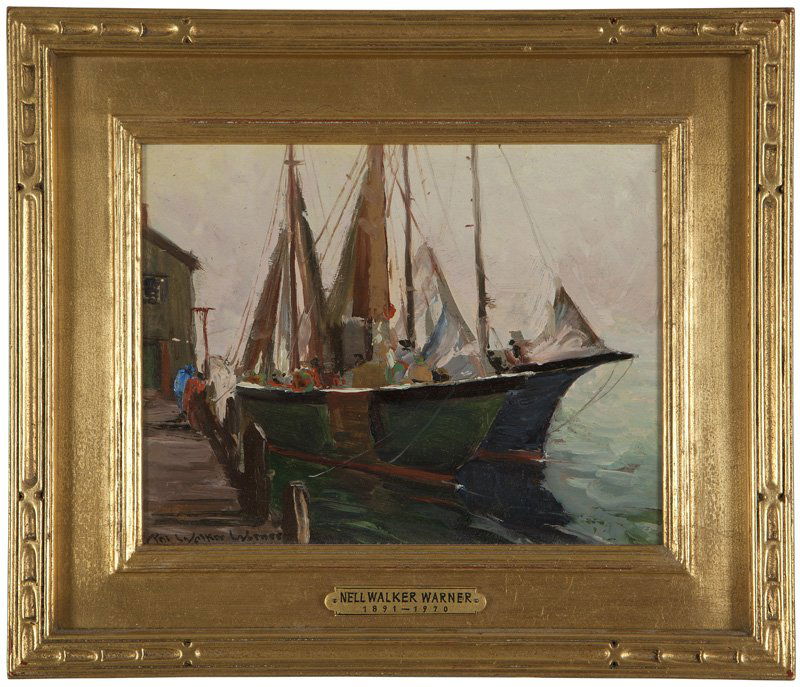 Nell Walker Warner (1891-1970 Carmel, CA): ''Fishing Boats - Gloucester'', sailboats at harbor, signed lower left: Nell Walker Warner, titled on a gallery label affixed verso, oil on canvas, 7'' H x 9'' W, est: $700/900 Provenance: Private Col