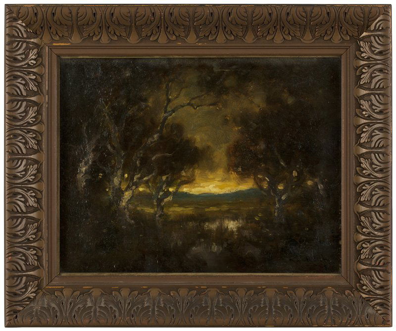 William Keith (1838-1911 Berkeley, CA): Tonalist landscape, signed and inscribed lower right: Wm Keith S.F., oil on canvas under glass, 14'' H x 18'' W, est: $2000/3000 Provenance: Estate, Pasadena, CA