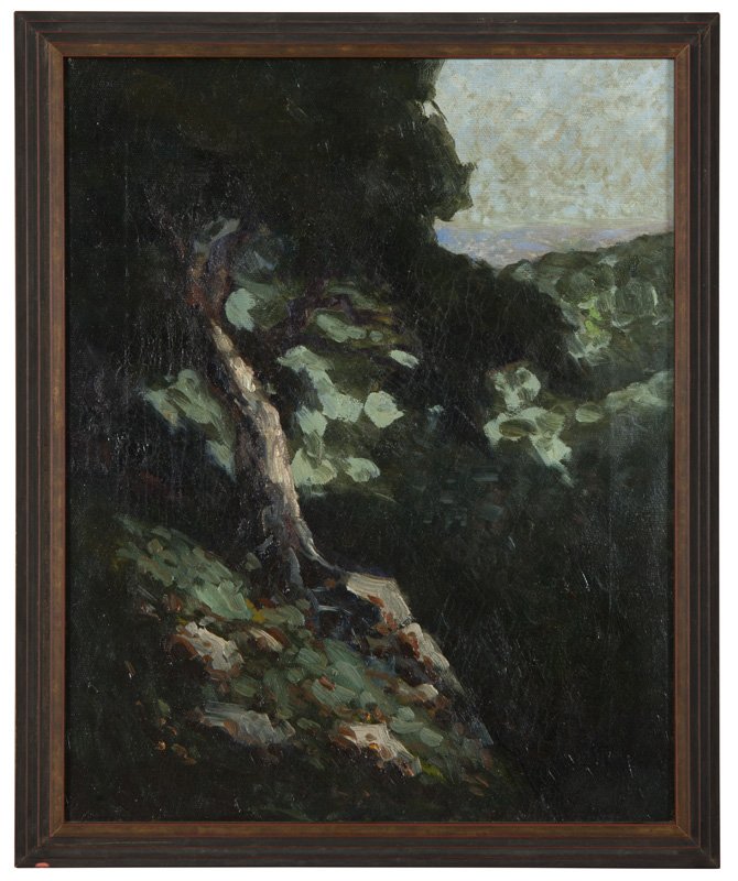 Attributed to William Keith (1838-1911 Berkeley, CA): Wooded scene with ocean view, appears unsigned, oil on waxed canvas, 20'' H x 16'' W, est: $1000/1500 Provenance: Private Collection, Los Angeles, CA; by descent in the family to the present owner; Pr