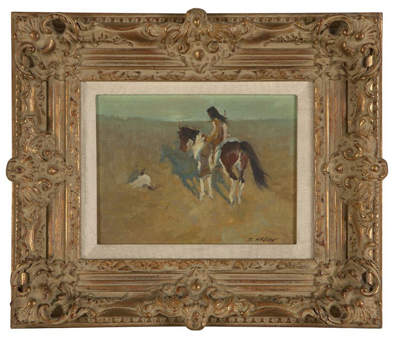 Dan McCaw (1942-* Los Angeles, CA): ''Once There Were Many'', Indian on horseback, signed lower right: D. McCaw, titled on a gum label attached verso, oil on canvas, 9'' H x 12'' W, est: $1500/2500 Provenance: Private Collection, Los Ol