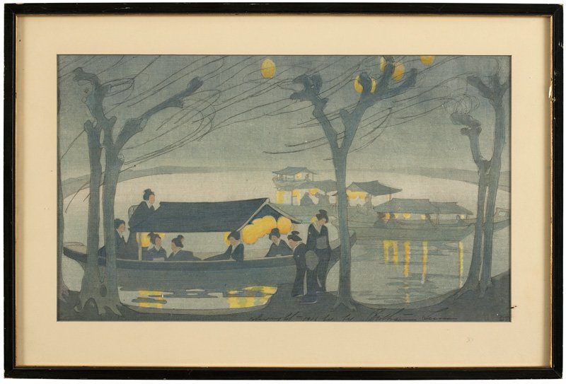 Bertha Lum (1869-1954 San Francisco, CA): ''On the River'', Japanese women on boats, signed and numbered lower right: Bertha Lum / No. 43, dated lower center: copyright - 1916, woodblock print on paper under glass, sight size: 10'' H x 17'' W
