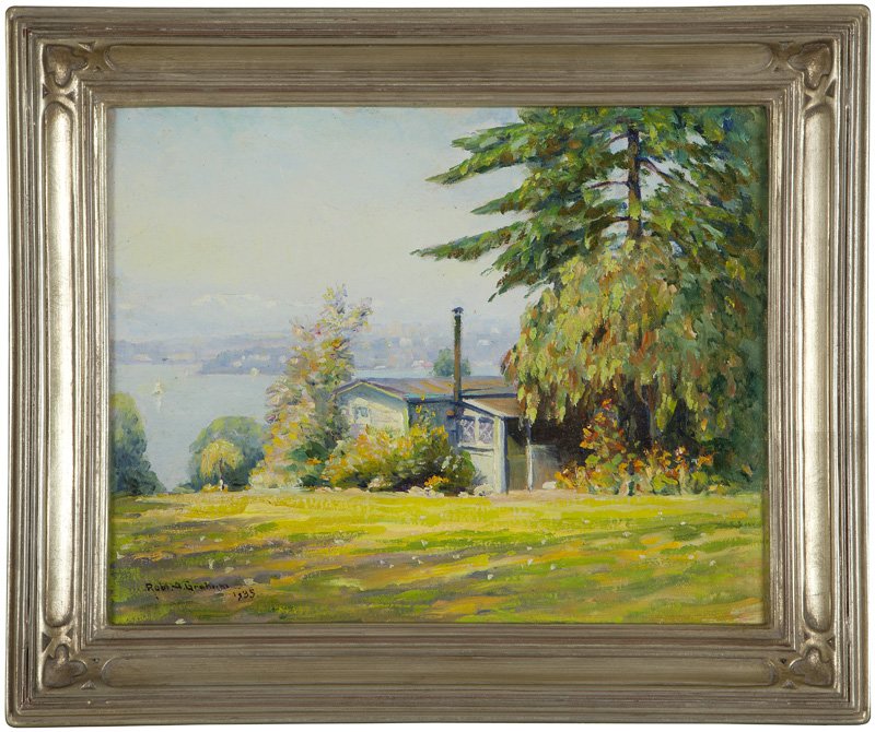 Robert Alexander Graham (1873-1946 San Francisco, CA): House in a lakeside landscape, signed and dated lower left: Robert Graham / 1935, oil on canvasboard, 11'' H x 14'' W, est: $400/600