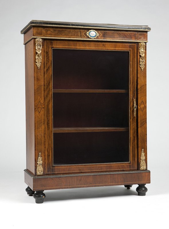 A French gilt bronze-mounted vitrine: Second half 19th century, the hinge stamped ''Paris'' and ''HD'' with an anchor, the outset rectangular top over a burl-veneered and fruitwood-inlaid cornice centered by a hand-painted porcelain flora