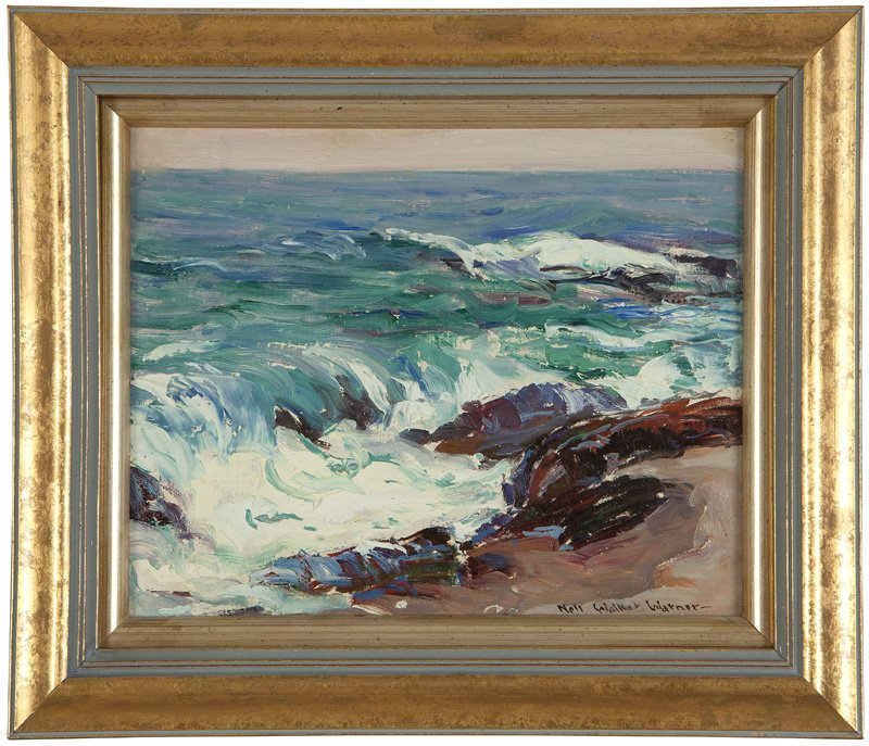Nell Walker Warner (1891-1970 Carmel, CA): ''Heavy Sea At Laguna'', signed lower right: Nell Walker Warner, signed again and titled verso, oil on canvas laid to board, 8'' H x 10'' W, est: $600/800 Provenance: Private Collection, Palm Springs,