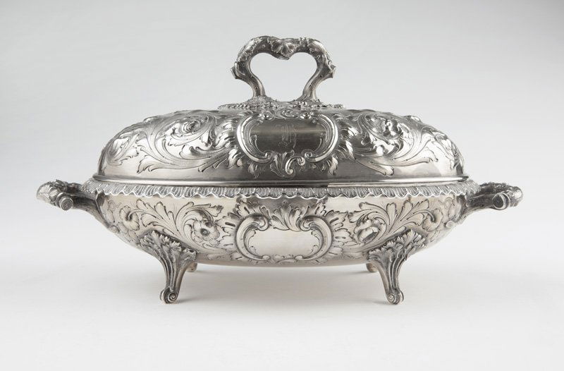 A George G. Sharp coin silver serving dish: Circa 1852-1866, Philadelphia, PA, with maker's mark for George Sharp (active 1850-1874), further marked for retailer ''Bailey & Co. / 136 / Chestnut St Phila'' and with two left-facing lion marks, th