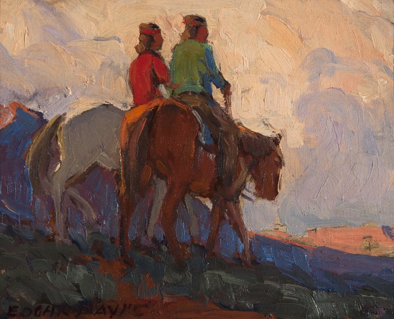 Edgar Alwin Payne (1883-1947 Hollywood, CA): ''Desert Nomads'', signed lower left: Edgar Payne, signed again and titled on an exhibition label affixed verso, oil on canvasboard, 8'' H x 10'' W, est: $15,000/20,000 Exhibited: Salmagundi Club, New