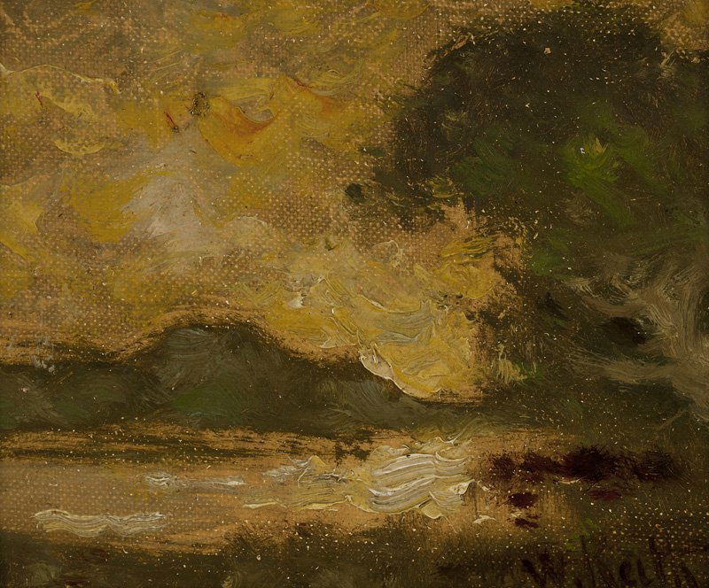 William Keith (1838-1911 Berkeley, CA): Landscape with pond and an oak tree, signed lower right: W. Keith, signed again verso, oil on canvas laid to board, 4.5'' H x 5.5'' W, est: $600/800 Provenance: By descent in the family to the present