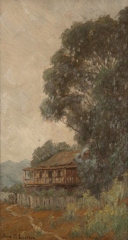 John Marshall Gamble (1863-1957 Santa Barbara, CA): House beneath a eucalyptus tree, signed lower left: John M. Gamble, oil on board, 12.25'' H x 7'' W, est: $1500/2000 Provenance: Private Collection, Sacramento, CA