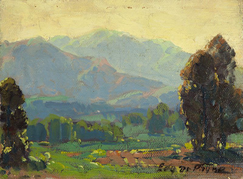 Edgar Alwin Payne (1883-1947 Hollywood, CA): ''Santa Paula'', signed lower right: Edgar Payne, titled and numbered on an artist's label attached verso: #3, oil on canvas laid to board, 6'' H x 8'' W, est: $3000/5000 Provenance: Private Collectio