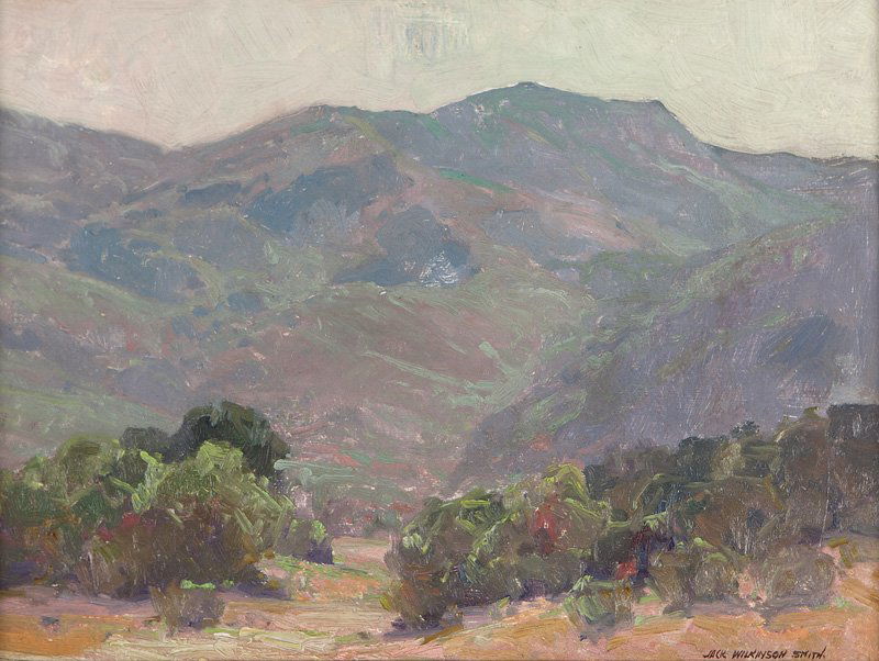 Jack Wilkinson Smith (1873-1949 Alhambra, CA): ''Springtime'', Laguna Hill, signed lower right: Jack Wilkinson Smith, titled verso, oil on masonite, 12'' H x 16'' W, est: $6000/8000 Exhibited: Laguna Art Museum, Laguna Beach, CA, ''Greetings from