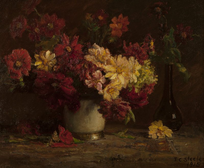 Theodore Clement Steele (1847-1926 Bloomington, IN): ''Dahlias'', still life with flowers and two vases, signed and dated lower right: T.C. Steele / 1915, titled on the stretcher, oil on burlap, 25'' H x 30'' W, est: $30,000/50,000 Note: T.C. Steele bef