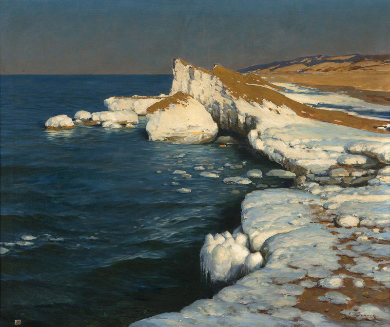 Joseph Tomanek (1889-1974 Chicago, IL): ''Spring Around The Corner'', melting snow on dunes along the Lake Michigan shoreline, signed lower right: J. Tomanek, titled on the frame plaque, oil on canvas, 30'' H x 36'' W, est: $4000/6000 Exhib