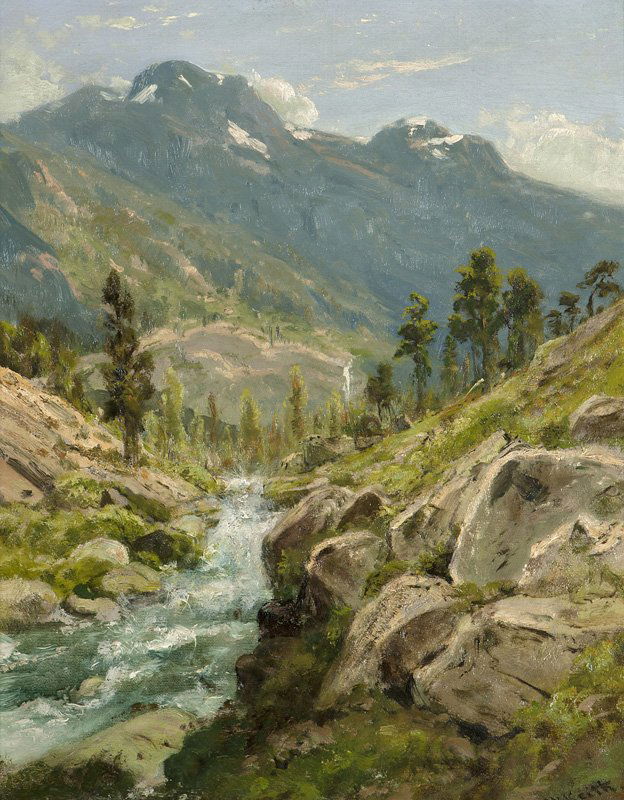 William Keith (1838-1911 Berkeley, CA): ''View of Sierra Mountains, California'', signed lower right: W. Keith, titled on the frame plaque, oil on canvas, 21.25'' H x 16.5'' W, est: $20,000/30,000 Exhibited: Pennsylvania Academy of Fine Art