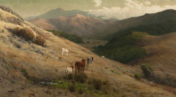 Thaddeus Welch (1844-1919 Santa Barbara, CA): Cows in a California pasture, signed and dated lower right: T. Welch / 1909, oil on canvas, 20'' H x 36'' W, est: $3000/5000Provenance: Private Collection, Long Beach, CA