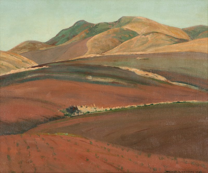 William Alexander Griffith (1866-1940 Laguna Beach, CA): ''Barley Fields, Irvine Ranch'', or ''Tilled Rows with Golden Hills Beyond'', signed and dated lower right: William A. Griffith 1936, titled on a museum label affixed verso, oil on canvas, 20'' H x 24