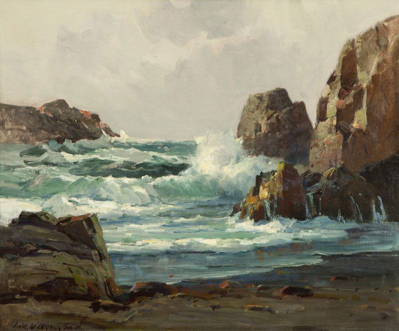 Jack Wilkinson Smith (1873-1949 Alhambra, CA): ''California Coast'', signed lower left: Jack Wilkinson Smith, signed again and titled on the stretcher, oil on canvas, 20'' H x 24'' W, est: $20,000/30,000 Provenance: Private Collection, Rancho Palo