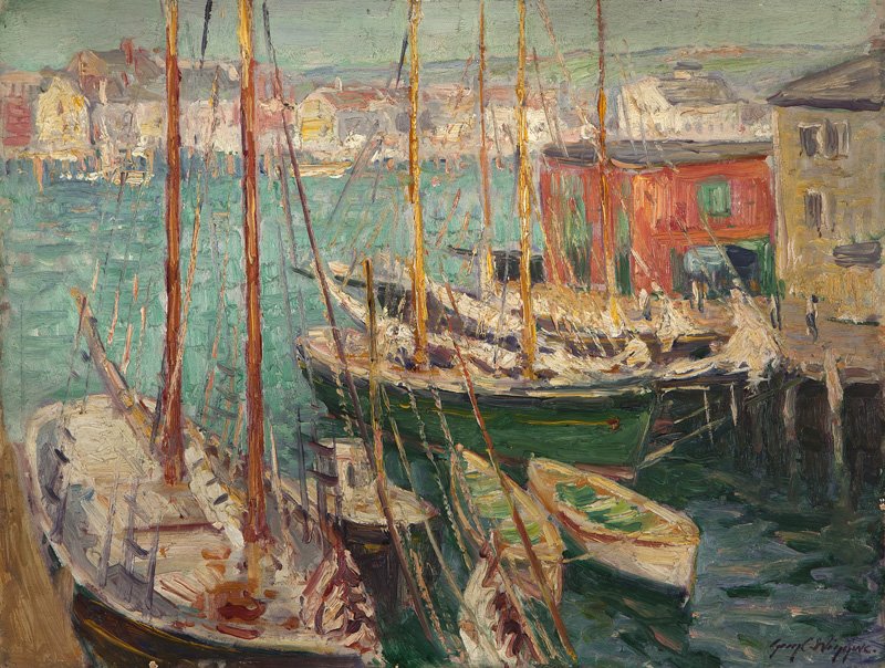Guy Carleton Wiggins N.A. (1883-1962 New York, NY): ''The Glow'', Gloucester harbor scene, signed lower right: Guy C. Wiggins, titled verso, oil on board under glass, 12'' H x 16'' W, est: $8000/12,000 Provenance: Private Collection, Northridge, CA