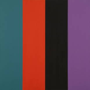 Penelope Krebs (1954-* Los Angeles, CA): Untitled 90-10 (turquoise, orange, black, lavender), signed verso: P. Krebs, unframed oil on canvas laid to panel, 44'' H x 44'' W, est: $800/1200 Note: Hard edge vertical bands of color in the presen