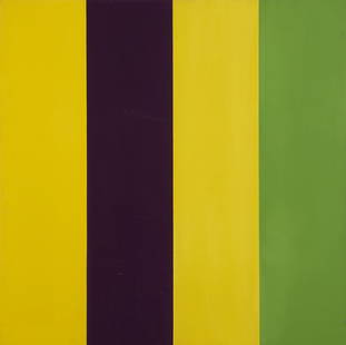 Penelope Krebs (1954-* Los Angeles, CA): Untitled 90-15 (yellow, purple, yellow, green), signed verso: P. Krebs, unframed oil on canvas laid to panel, 44'' H x 44'' W, est: $800/1200 Provenance: Thomas Babeor & Co., La Jolla, CA; Property fr