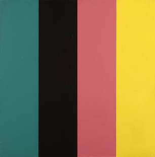 Penelope Krebs (1954-* Los Angeles, CA): Untitled 90-6 (turquoise, black, pink, yellow), signed verso: P. Krebs, unframed oil on canvas laid to panel, 44'' H x 44'' W, est: $800/1200 Provenance: Thomas Babeor & Co., La Jolla, CA; Property fr
