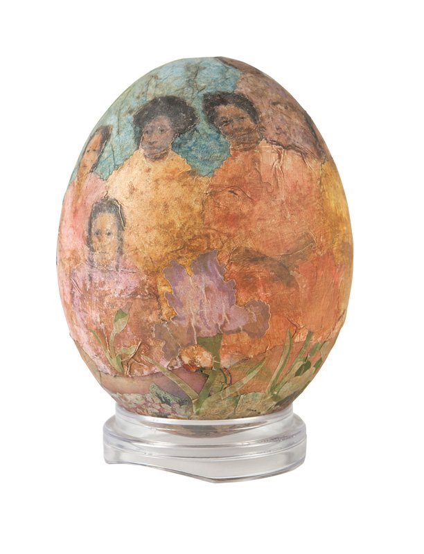 Betye Irene Brown Saar (1926-* Los Angeles, CA): ''In the Garden'', seven African American women in a flower garden, signed, titled and dated on the underside: Betye Saar / 4-2008, decoupage, painted and printed paper on ostrich egg, 6'' H x 4.5'' D