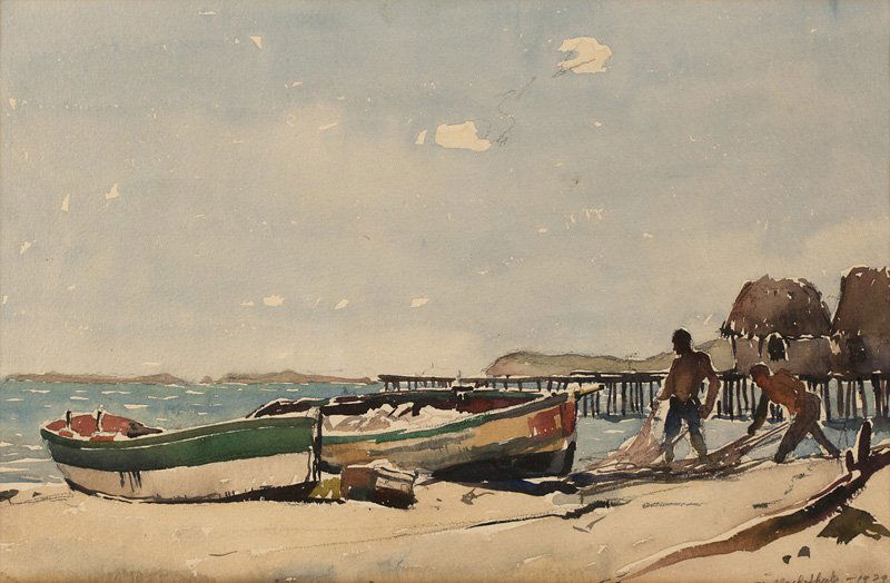Millard Owen Sheets N.A. (1907-1989 Gualala, CA): Two figures on a beach with boats and fishing nets, signed and dated lower right: Millard Sheets - 1929, watercolor on paper under glass, sight size: 11.5'' H x 17.5'' W, est: $2500/3500 Note: Paper s