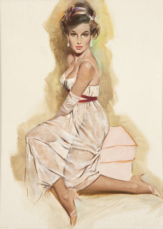 Fritz Willis (1907-1979 Los Angeles, CA): Seated pin-up model, faintly signed lower right: Fritz Willis, faintly dated lower left: 1966, oil on canvas laid to board, 12'' H x 9'' W, est: $800/1200 Literature: F. Willis, ''The Nude'', Foster A