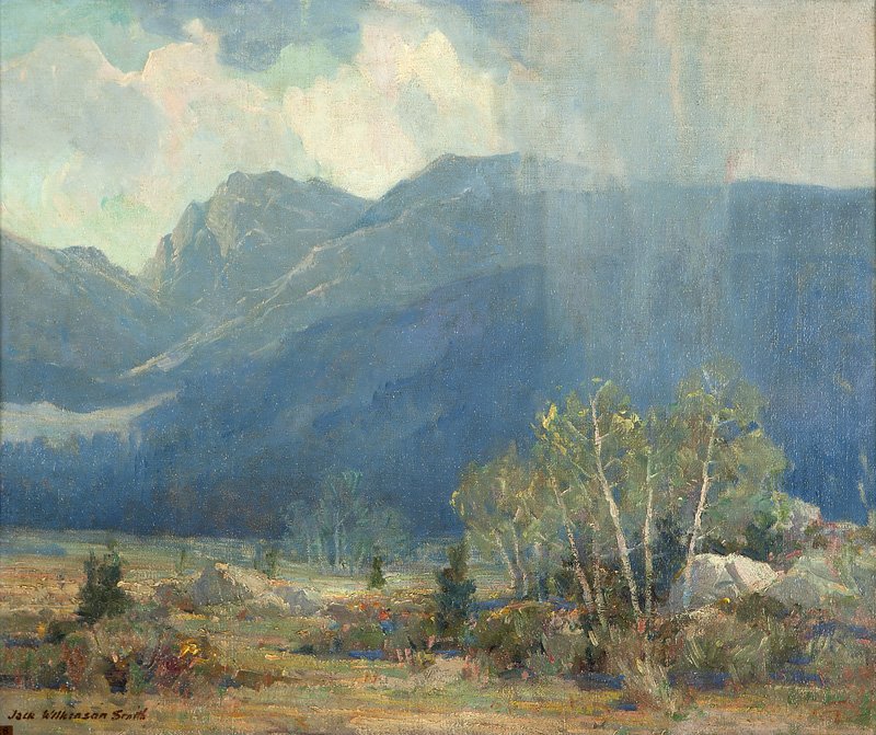 Jack Wilkinson Smith (1873-1949 Alhambra, CA): ''Passing Showers'', signed lower left: Jack Wilkinson Smith, titled on a gum label affixed to the stretcher, oil on canvas, 24'' H x 20'' W, est: $3000/5000 Provenance: through descent to present own