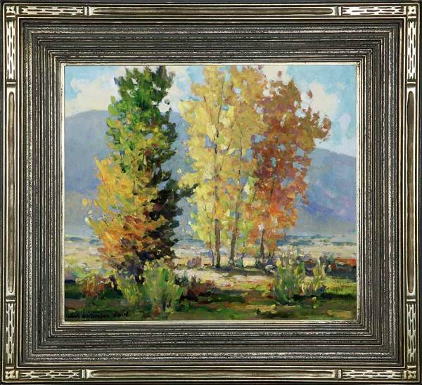 Jack Wilkinson Smith (1813-1949): "Flaming Aspen - Round Valley Near Bishop, California" o/cb s l/l: Jack Wilkinson Smith 14x16 est:$10000/15000 Provenance: Private Collection, Culver City, CA