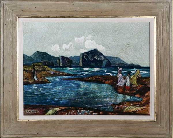 Millard Sheets (1907-1989): "The Bay Puerto Vallarta" w/c on/p under glass s l/l & verso & dated: Millard Sheets 1960 sight: 21.5x29.75 est:$12000/18000 Note: Gallery labels verso: Dalzell Hatfield Galleries, Dallas North Galler