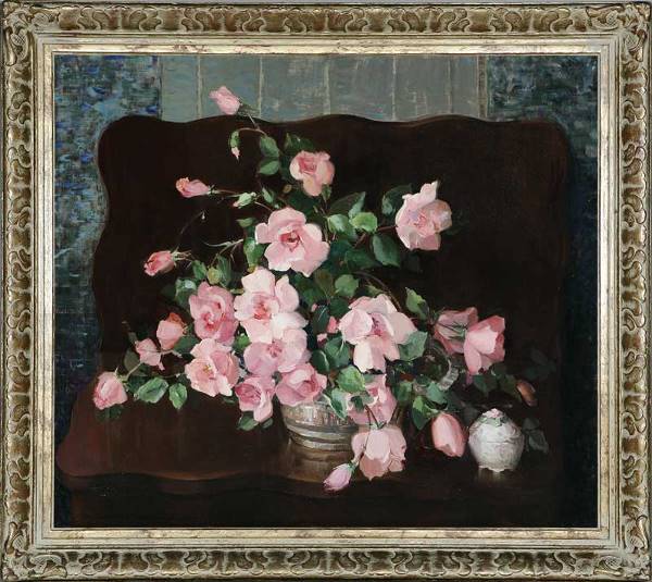 Nell Walker Warner (1891-1970): Titled on early Nell Walker Warner business card affixed verso:"Lulu Roses" o/c s l/l: Nell Walker Warner 26x30 est:$4000/6000 Provenance: Estate, Orange County, CA