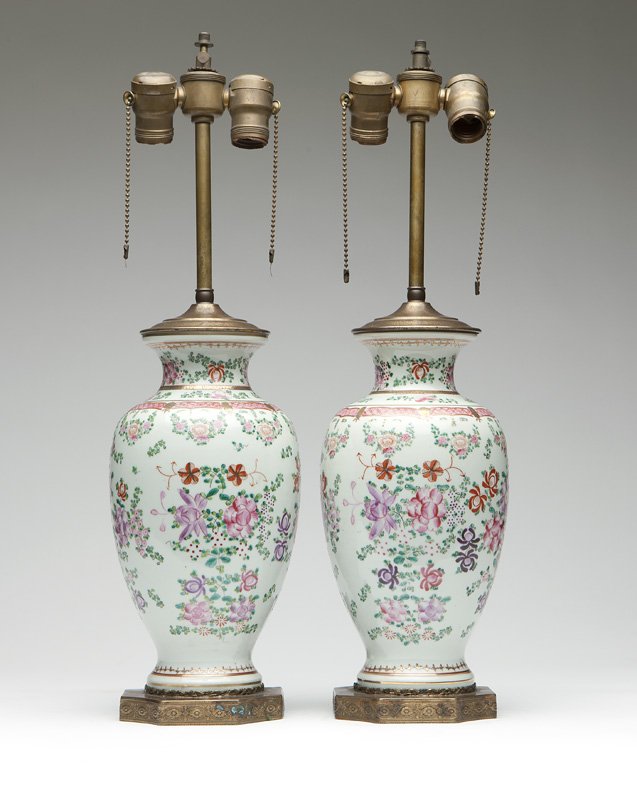 A pair of famille rose vases mounted as lamps (1 of 2)
