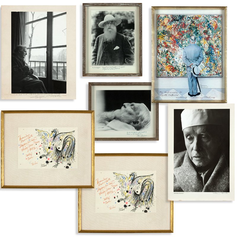 A group of seven photographs and prints: Seven works: Norman Rockwell (1894-1976 Stockbridge, MA), color lithographic print of the painting ''The Connoisseur'', inscribed in ink along the lower edge: My best wishes to Ruth Hatfield / Sincere