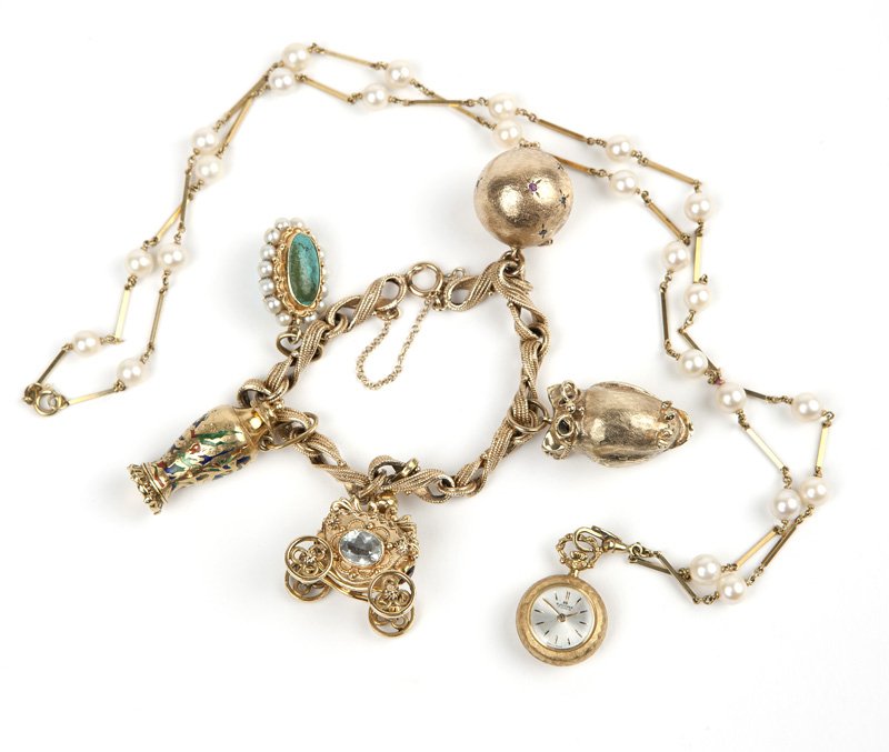 A collection of gem and gold jewelry: A 14K gold chain with cultured pearl sectionals, attached to a gold ladies open-face pocket watch, dial signed Bucherer, together with a 14K gold charm bracelet with five gold, enamel and gem-set char