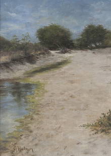 Grace Carpenter Hudson (1865-1937 Ukiah, CA): ''Russian River Scene on Sand Bar #1W'', bears signature lower left: G. Hudson, oil on canvas laid to board, 10.5'' H x 8'' W, est: $700/1000Provenance: Gump's, San Francisco, CA; sale, John Moran