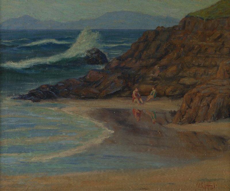 Virgil Otto Hafen (1887-1949 Eugene, OR): Coastal with figures, signed lower right: V.O. Hafen, oil on canvas, 24'' H x 30'' W, est: $1000/2000 Provenance: Private Collection, Ventura, CA