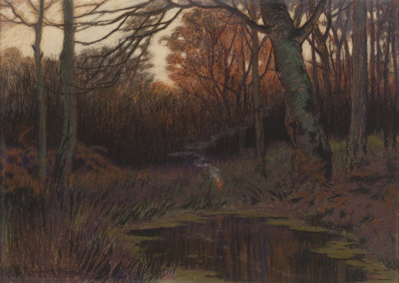 Ivan Ivanovich Kowalski (1839-1937 Russian Federation): Small fire in a wooded landscape, signed lower left: Ivan Ivanovich Kowalski, indistinctly inscribed verso, pastel on board under glass, sight: 14.75'' H x 20.75'' W, est: $300/500 Note: Board size: 1