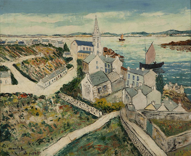 Elisee Maclet (1881-1962 French): Town scene with church along a lake, singed lower left: Maclet, indistinctly inscribed lower left, oil on canvas, 19.75'' H x 24'' W, est: $1000/1500