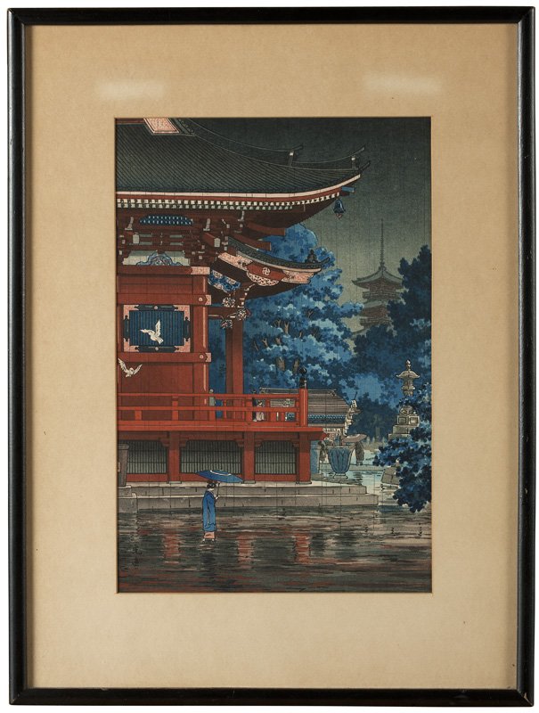 Tsuchiya Koitsu (1870-1949 Japanese): ''Rain at Asakusa Kannon Temple'', signed with the artist's signature and seal in the lower left corner, with the printer's and publisher's seals in the lower margins, color woodblock on paper under g