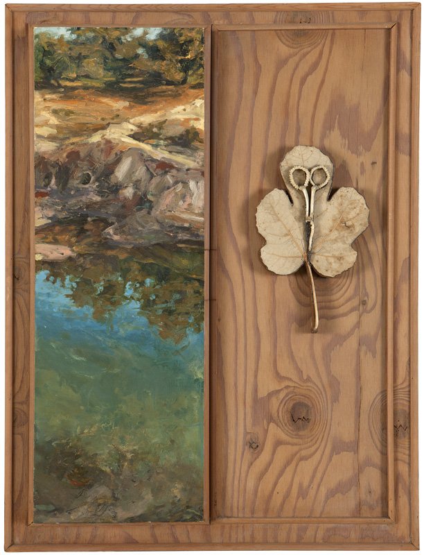 Gail Roberts (20th Century- San Diego, CA): ''Bone Scissors'', signed, dated and titled verso: Gail Roberts / '92, mixed media on oil panel mounted to panel, leaf and bones mounted to wood, on artist made frame panel, 26'' H x 19'' W, est: $200