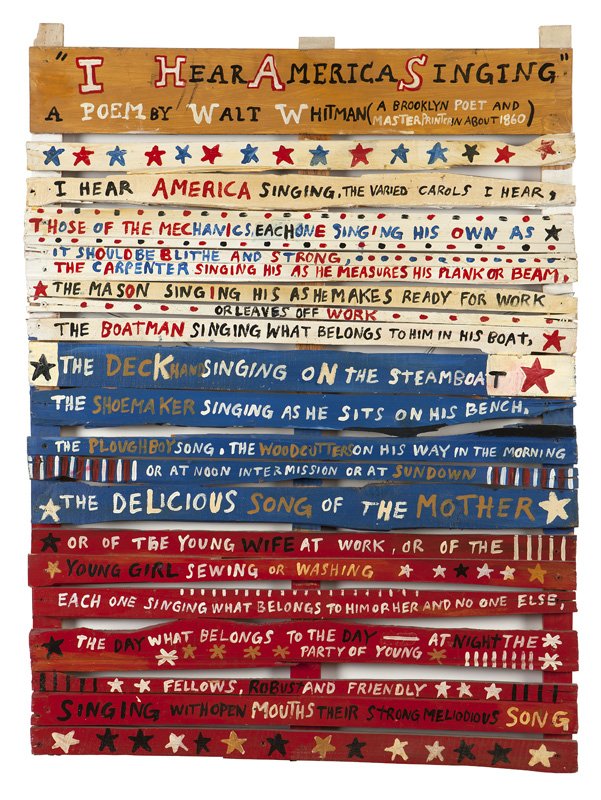 20th Century American School: 'I Hear America Singing'', based on the poem by Walt Whitman, outsider art, appears unsigned, oil on wood panels, 44'' H x 32'' W, est: $300/500 Provenance: Property from a Corporate Collection, San D